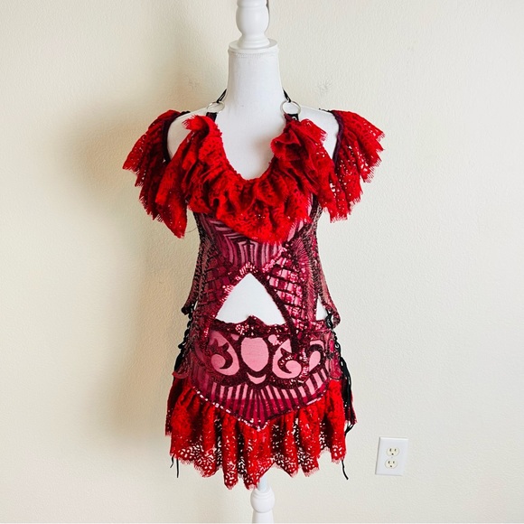 Disco X Lux OOAK Red Wedding Sequin 4 Piece Ruffle Skirt & Arm Warmers Set - Picture 3 of 11